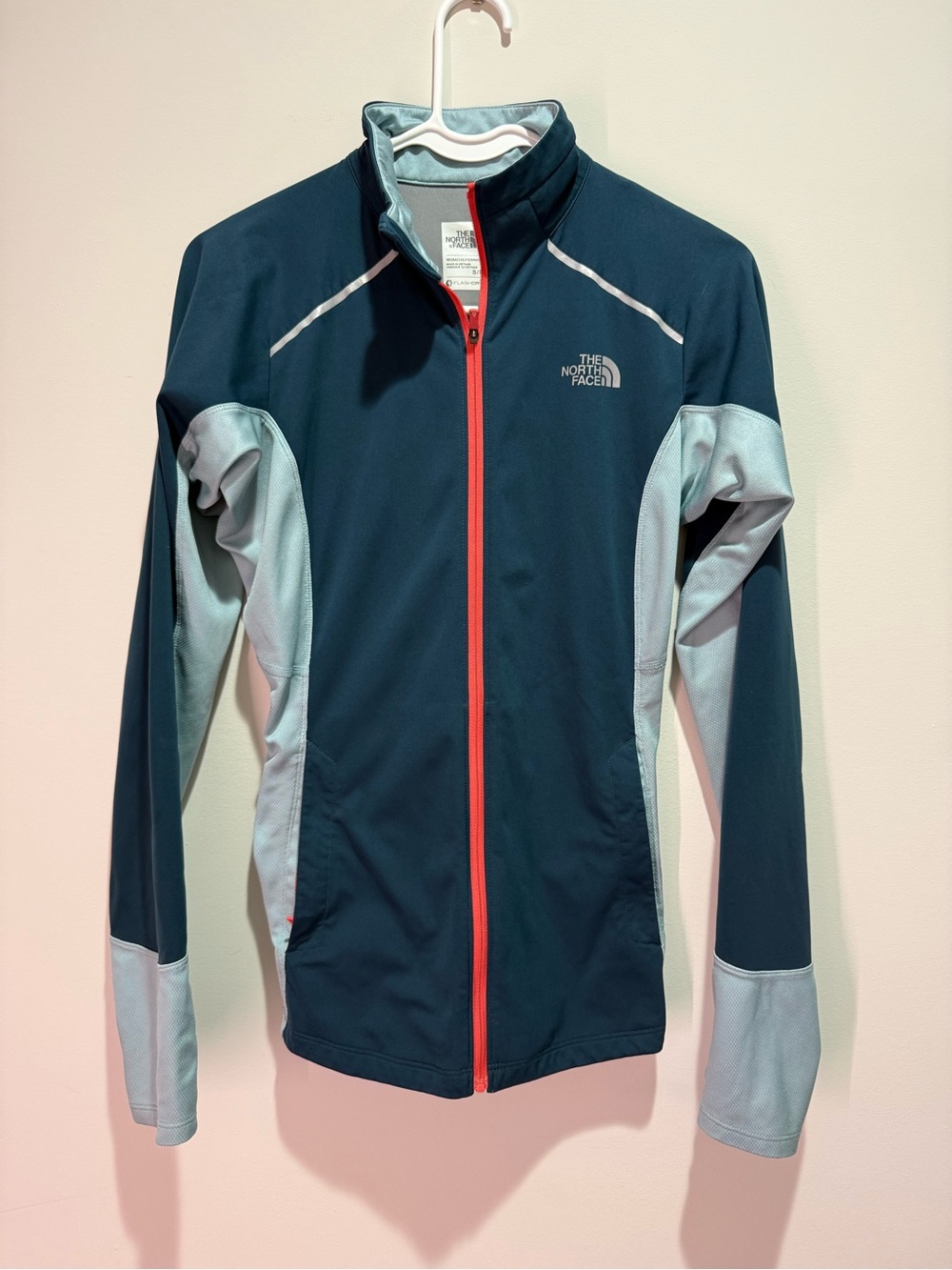 The North Face Women's Navy Jacket with Light Blue Panels and Coral Zipper